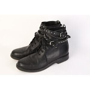 MAJE Black Leather Combat Moto Studded Lace Up Boots Booties Size 39